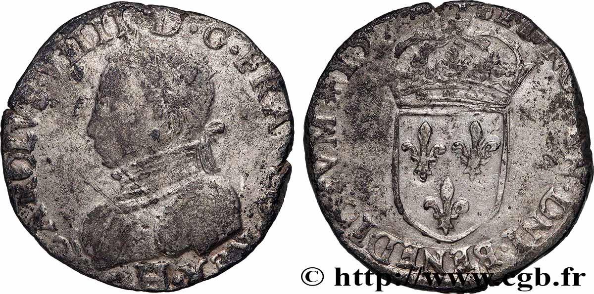 HENRI III. MONNAYAGE AU NOM DE CHARLES IX Teston, 11e type 157[5] La Rochelle TB