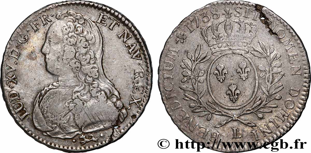 LOUIS XV DIT LE BIEN AIMÉ Demi-écu aux branches d&nbsp;olivier, buste habillé 1738 Bayonne TB+