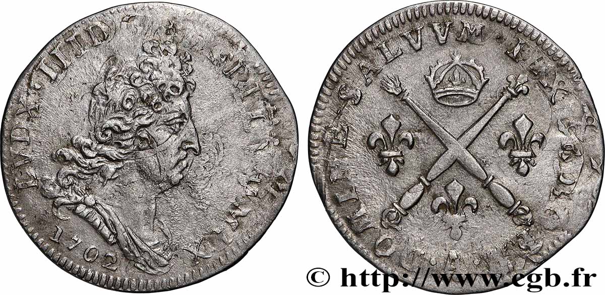LOUIS XIV LE GRAND OU LE ROI SOLEIL Cinq sols aux insignes 1702 Paris TTB