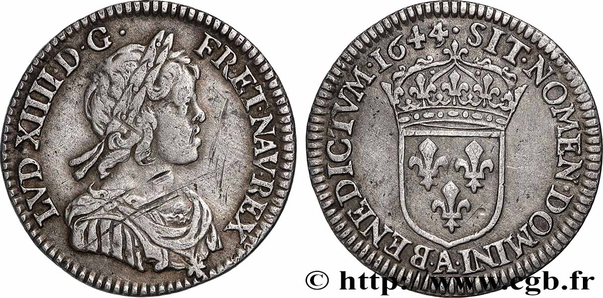 LOUIS XIV LE GRAND OU LE ROI SOLEIL Douzième d&nbsp;écu, portrait à la mèche courte 1644 Paris, Monnaie de Matignon TTB