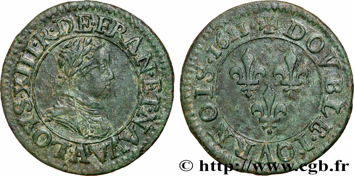 LOUIS XIII LE JUSTE Double tournois, type 1 1611 Paris, Moulin du Louvre TTB