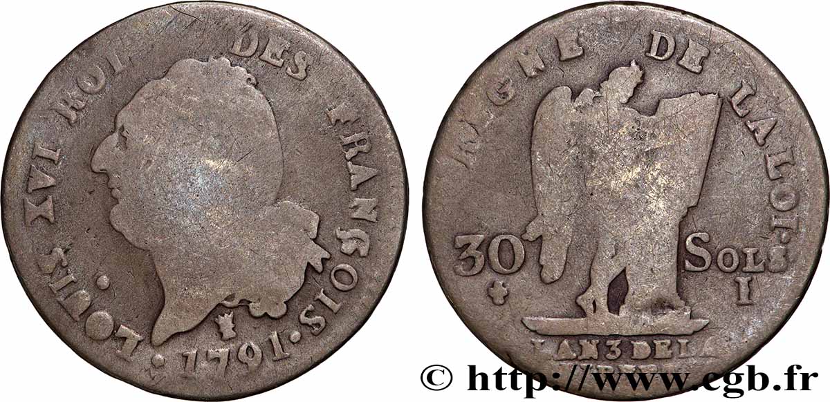 LOUIS XVI (MONARQUE CONSTITUTIONNEL)  30 sols dit &nbsp;au génie&nbsp;, type FRANÇOIS 1791 Limoges B+