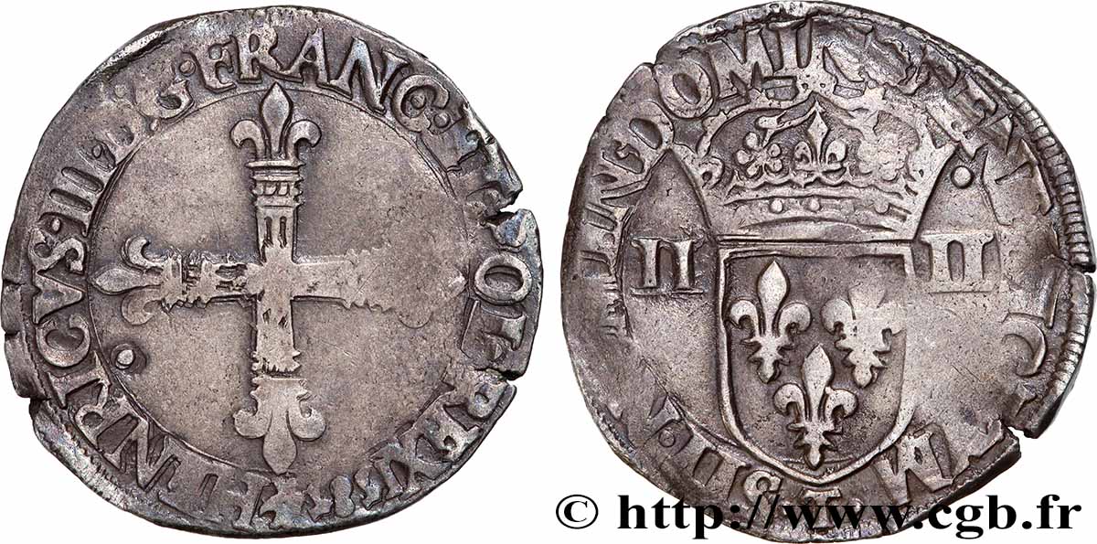 HENRI III Quart d&nbsp;écu, croix de face 1585 Nantes TB+