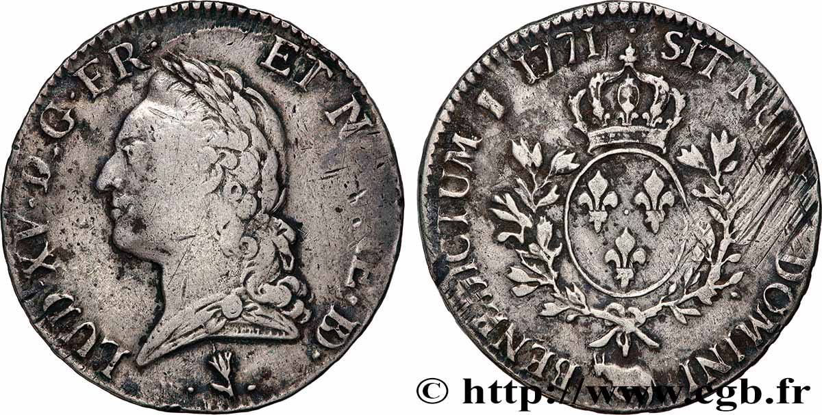 LOUIS XV DIT LE BIEN AIMÉ Écu aux branches d’olivier, buste lauré 1771 Pau TB+