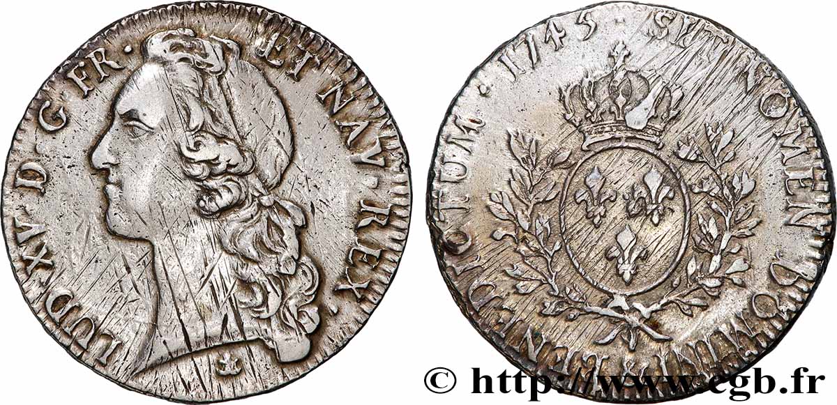 LOUIS XV DIT LE BIEN AIMÉ Écu aux branches d’olivier, tête ceinte d’un bandeau 1745 Aix-en-Provence TTB
