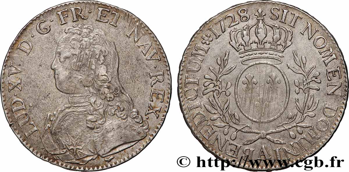 LOUIS XV DIT LE BIEN AIMÉ Écu aux branches d&nbsp;olivier, buste habillé 1728 Paris TTB
