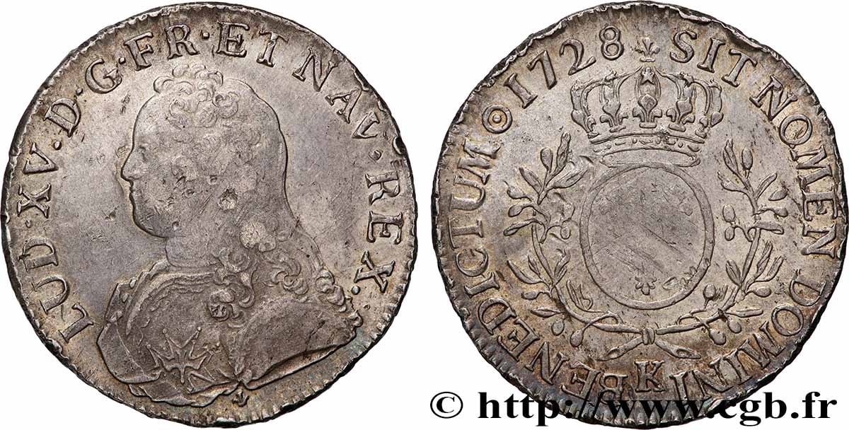 LOUIS XV DIT LE BIEN AIMÉ Écu aux branches d&nbsp;olivier, buste habillé 1728 Bordeaux TB+