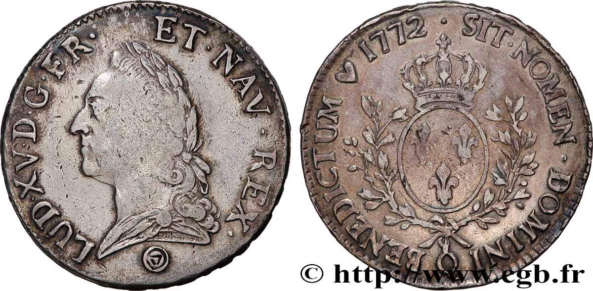 LOUIS XV DIT LE BIEN AIMÉ Écu aux branches d’olivier, buste lauré 1772 Perpignan TB+/TTB