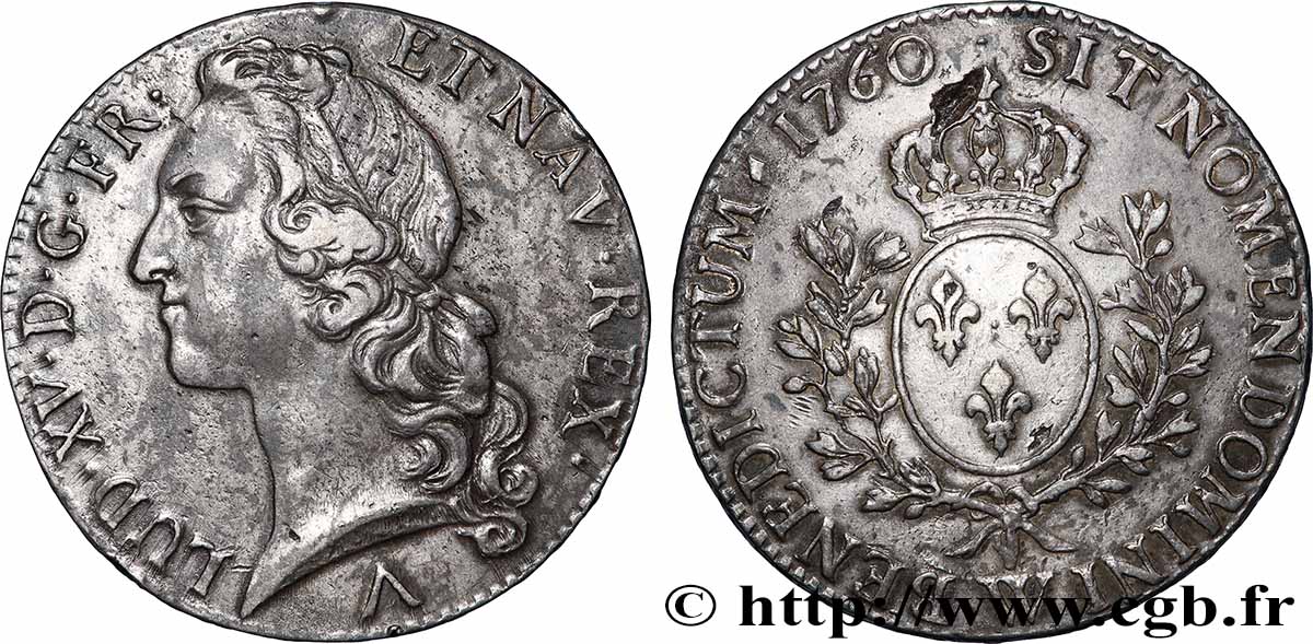 LOUIS XV &nbsp;THE WELL-BELOVED&nbsp; Écu aux branches d’olivier, tête ceinte d’un bandeau 1760 Lille XF