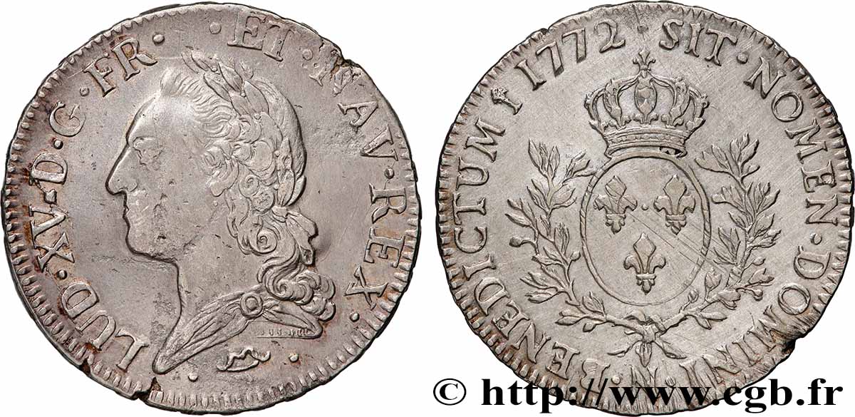 LOUIS XV DIT LE BIEN AIMÉ Écu aux branches d’olivier, buste lauré 1772 Montpellier TTB