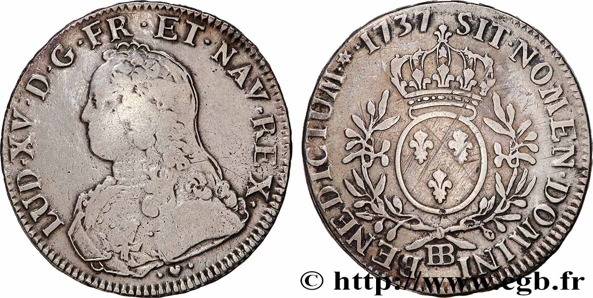 LOUIS XV DIT LE BIEN AIMÉ Écu aux branches d&nbsp;olivier, buste habillé 1737 Strasbourg TB+