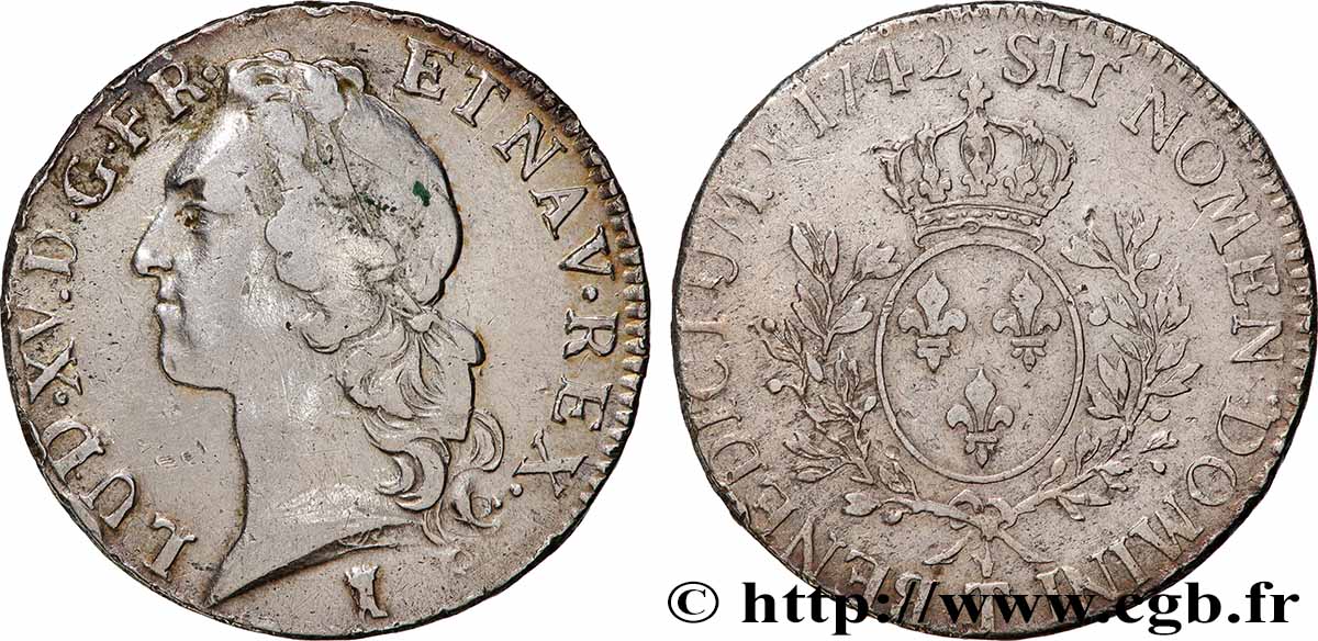LOUIS XV DIT LE BIEN AIMÉ Écu aux branches d’olivier, tête ceinte d’un bandeau 1742 Nantes TB+