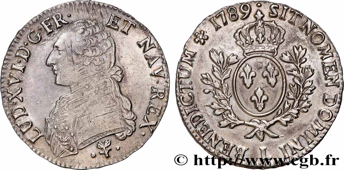 LOUIS XVI Écu aux branches d&nbsp;olivier 1789 Bayonne TB+/TTB
