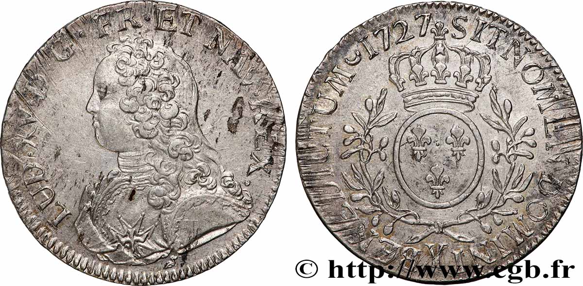 LOUIS XV DIT LE BIEN AIMÉ Écu aux branches d&nbsp;olivier, buste habillé 1727 Bourges TTB