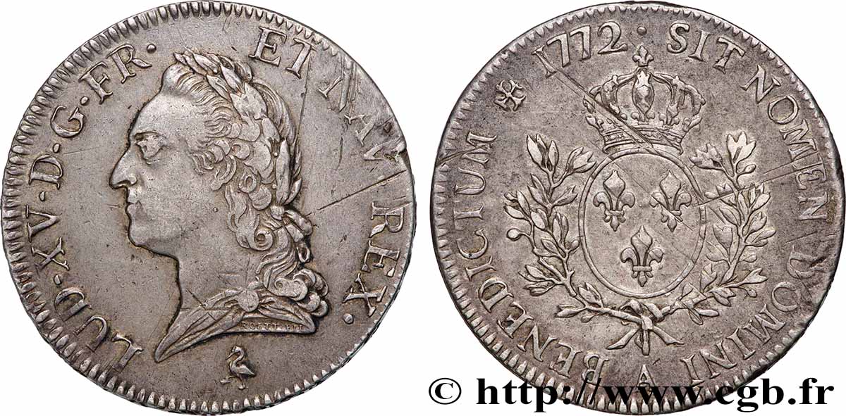 LOUIS XV DIT LE BIEN AIMÉ Écu aux branches d’olivier, buste lauré 1772 Paris TTB