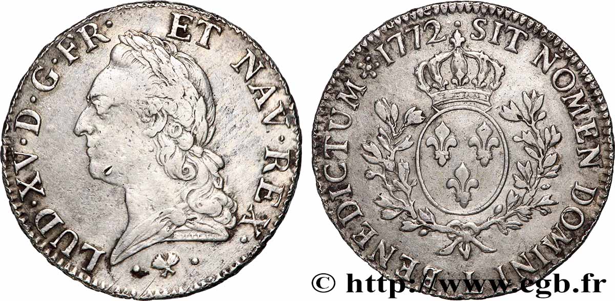 LOUIS XV DIT LE BIEN AIMÉ Écu aux branches d’olivier, buste lauré 1772 Bayonne TB+
