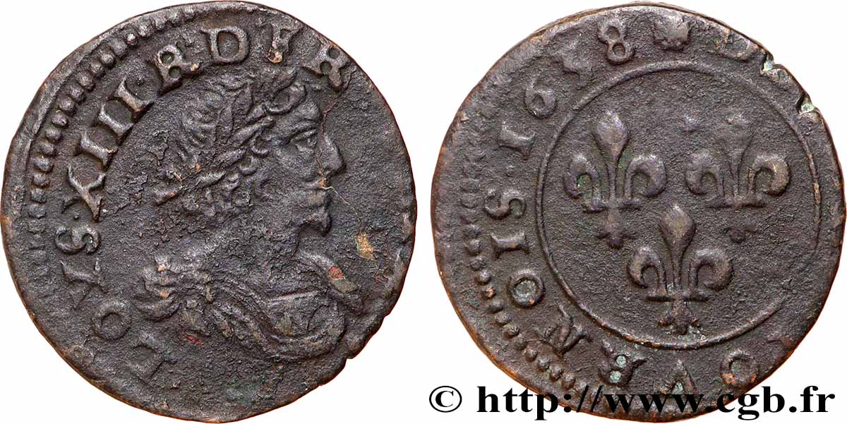 LOUIS XIII LE JUSTE Double tournois au grand buste viril drapé 1638 Ateliers de l’axe Loire-Rhône TTB/TB+