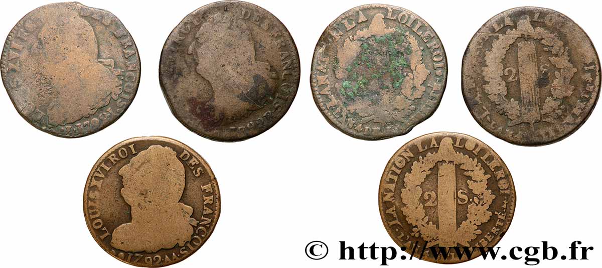 LOUIS XVI 2 sols dit &nbsp;au faisceau&nbsp;, types divers, lot de 3 ex. n.d. Ateliers divers lot