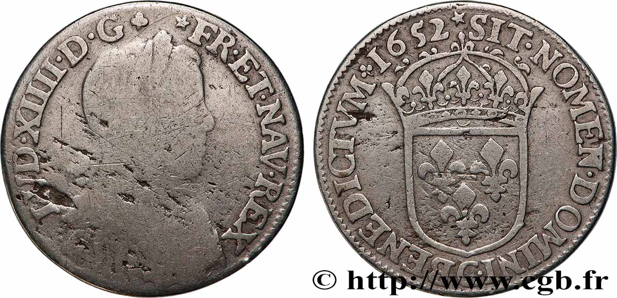 LOUIS XIV &nbsp;THE SUN KING&nbsp; Demi-écu, portrait à la mèche longue 1652 Saint-Lô VG/VF