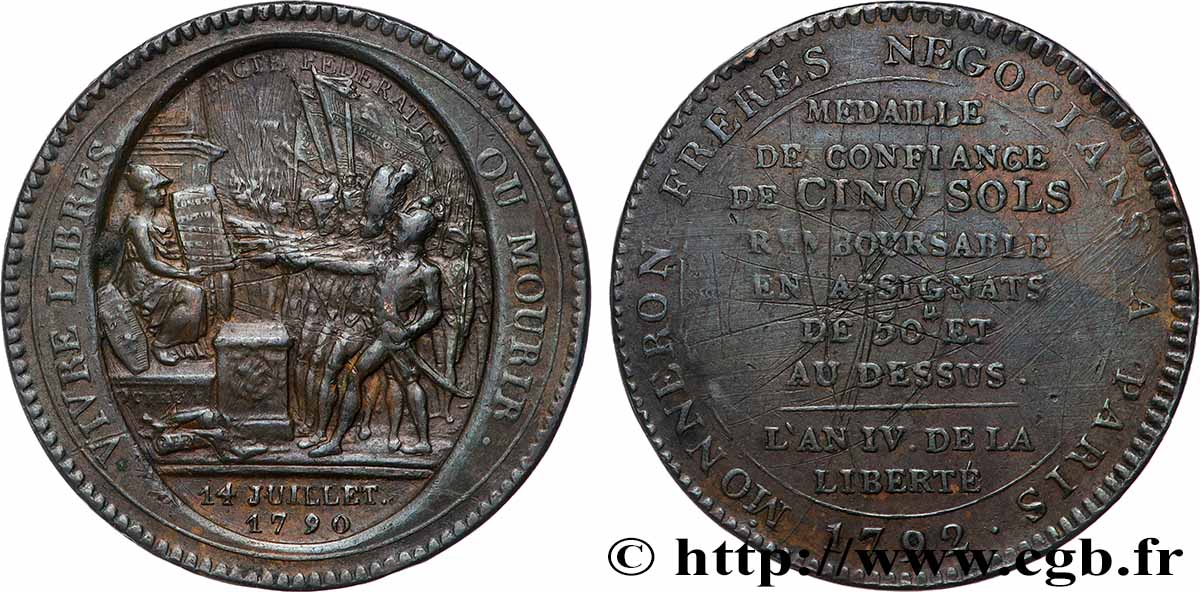 REVOLUTION COINAGE / CONFIANCE (MONNAIES DE…) Monneron de 5 sols au serment (An IV), 3e type 1792 Birmingham, Soho XF