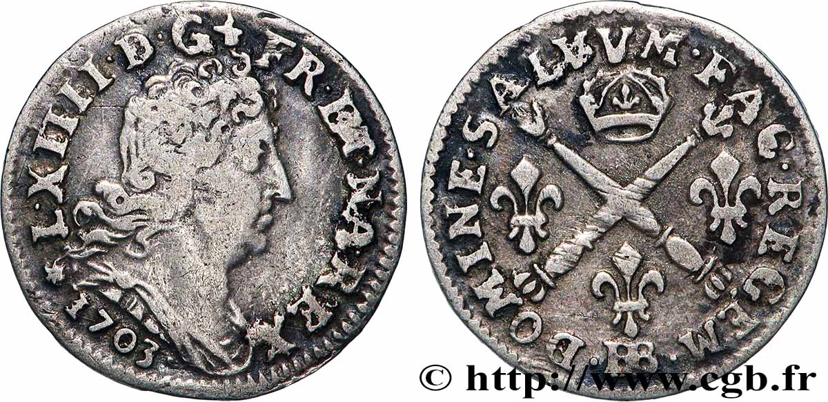 LOUIS XIV LE GRAND OU LE ROI SOLEIL Cinq sols aux insignes 1703 Strasbourg TB+/TTB