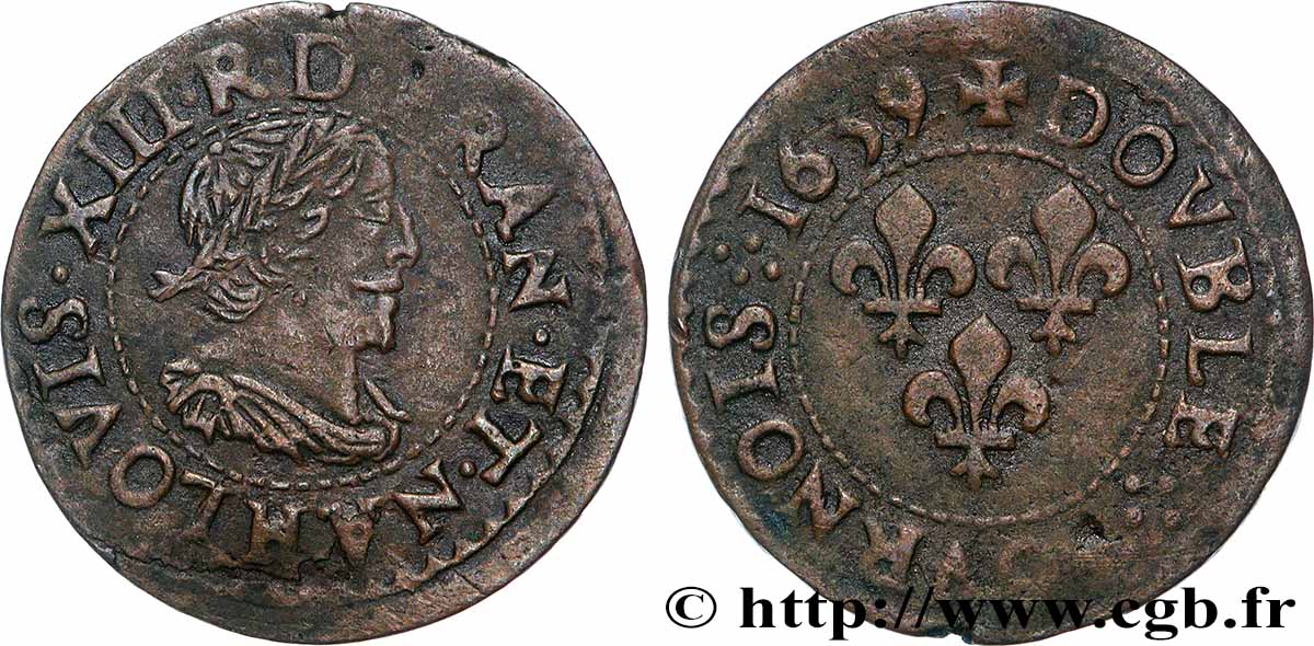 LOUIS XIII  Double tournois, type 14 1639 La Rochelle SS