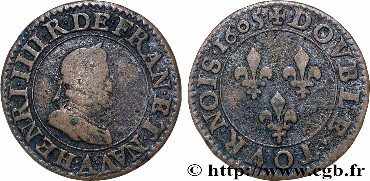 HENRY IV Double tournois, 1er type de Paris (légende française) 1605 Paris, Moulin des Étuves VF/VF