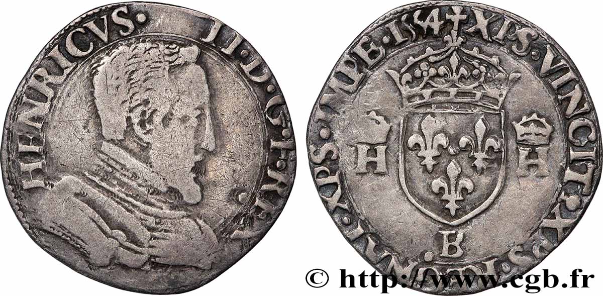 HENRI II Demi-teston à la tête nue, 1er type 1554 Rouen TB+