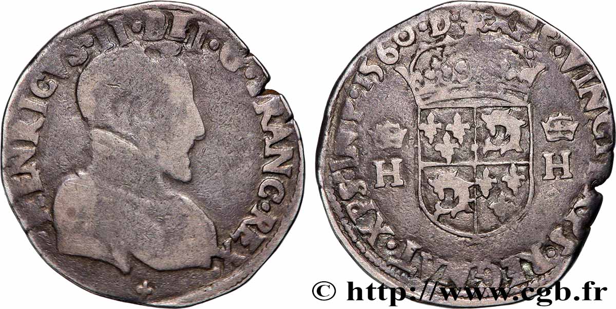 FRANÇOIS II. MONNAYAGE AU NOM D&nbsp;HENRI II Teston du Dauphiné à la tête nue 1560 Grenoble TB