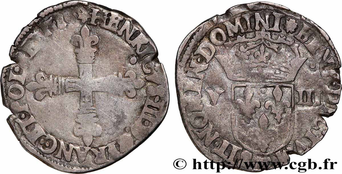 HENRI III Huitième d&nbsp;écu, croix de face 1580 Nantes TB