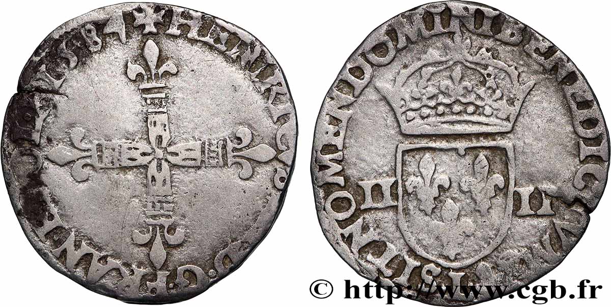 HENRI III Quart d&nbsp;écu, croix de face 1584 Bayonne TB+