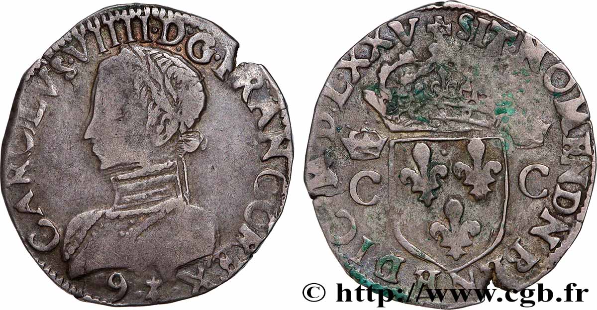 HENRI III. MONNAYAGE AU NOM DE CHARLES IX Demi-teston, 2e type 1575 Rennes TB+/TTB