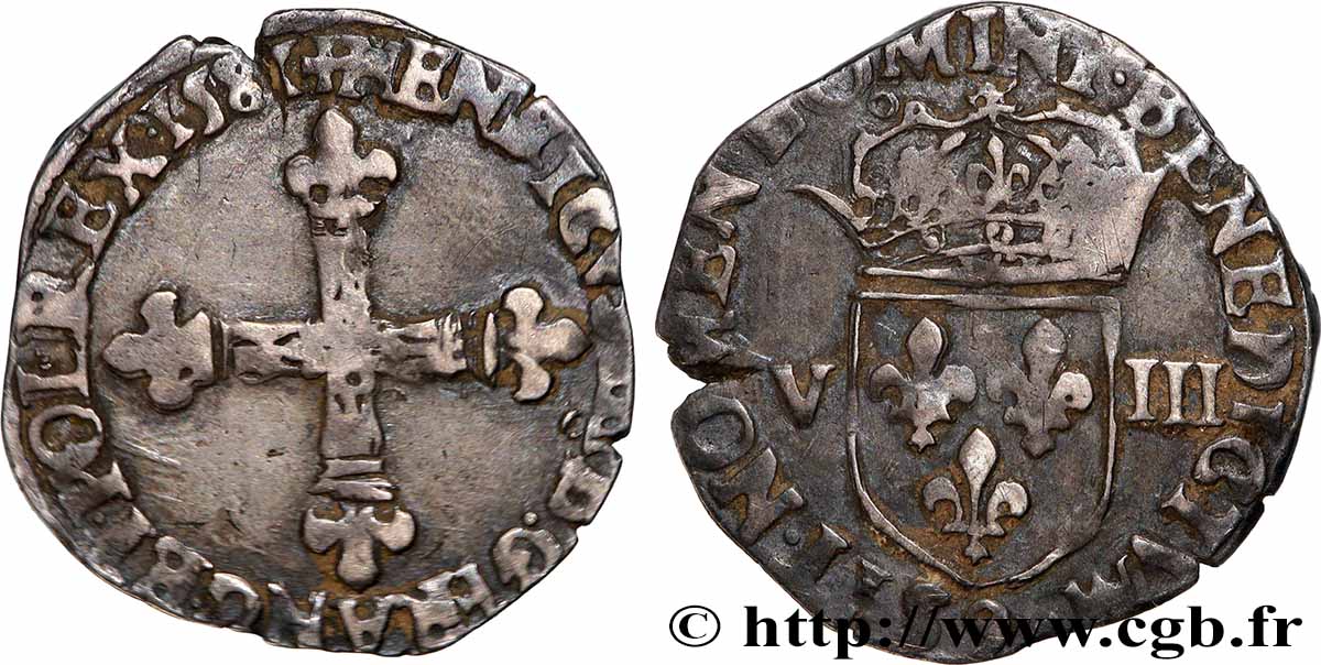 HENRI III Huitième d&nbsp;écu, croix de face 1581 Rennes TB+