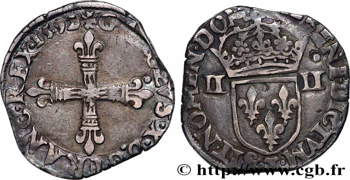 CHARLES X, CARDINAL DE BOURBON Quart d&nbsp;écu, croix de face 1592 Nantes TTB