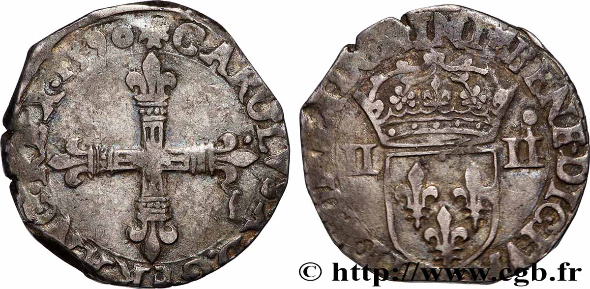 CHARLES X, CARDINAL DE BOURBON Quart d&nbsp;écu, croix de face 1590 Nantes TTB/TB+