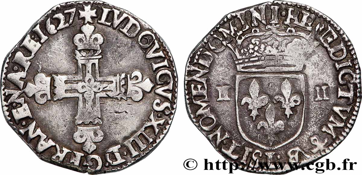 LOUIS XIII LE JUSTE Quart d&nbsp;écu, à la croix fleurdelisée, titulature côté croix 1627 Bayonne TTB