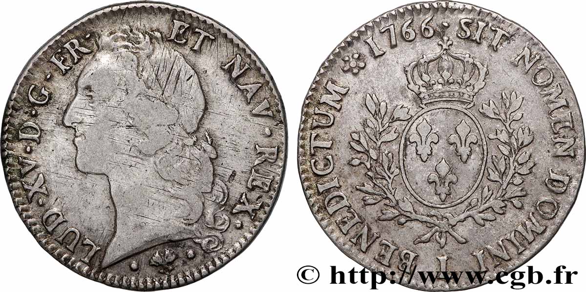 LOUIS XV DIT LE BIEN AIMÉ Écu aux branches d’olivier, tête ceinte d’un bandeau 1766 Bayonne TB+/TTB