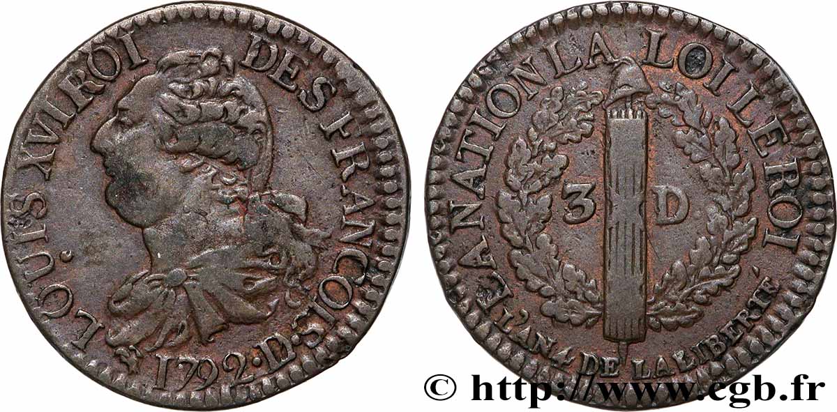 LOUIS XVI (MONARQUE CONSTITUTIONNEL)  3 deniers dit &nbsp;au faisceau&nbsp;, type FRANCOIS 1792 Lyon TTB