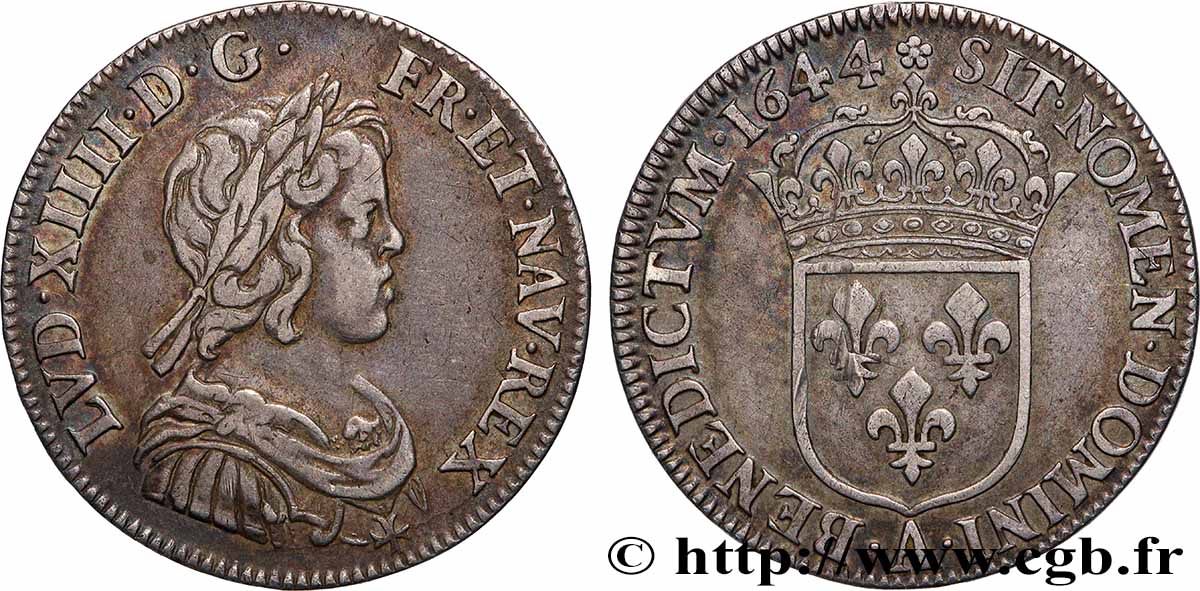 LOUIS XIV LE GRAND OU LE ROI SOLEIL Quart d&nbsp;écu, portrait à la mèche courte 1644 Paris, Monnaie de Matignon TTB/TTB+