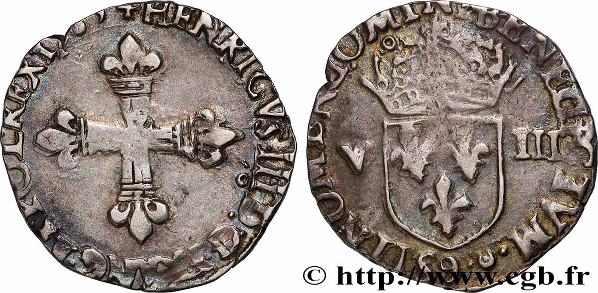 HENRI III Huitième d&nbsp;écu, croix de face 1589 Rennes TB+