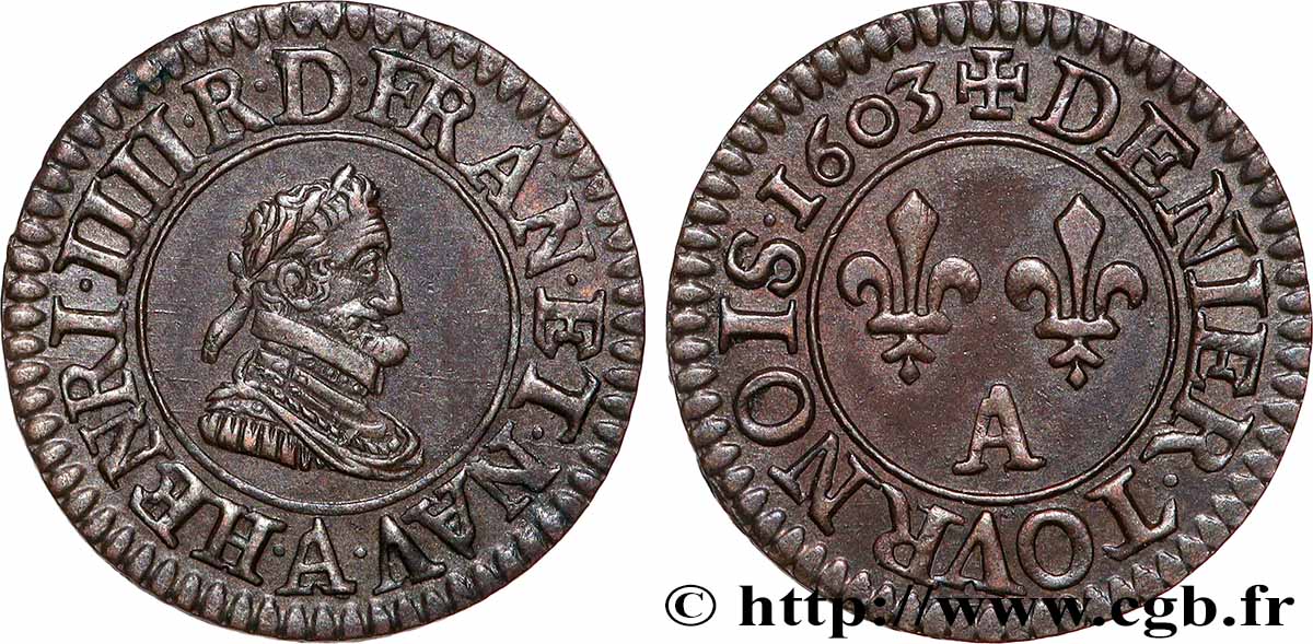 HENRI IV LE GRAND Denier tournois, 1er type de Paris (légende française) 1603 Paris, Moulin des Étuves SUP