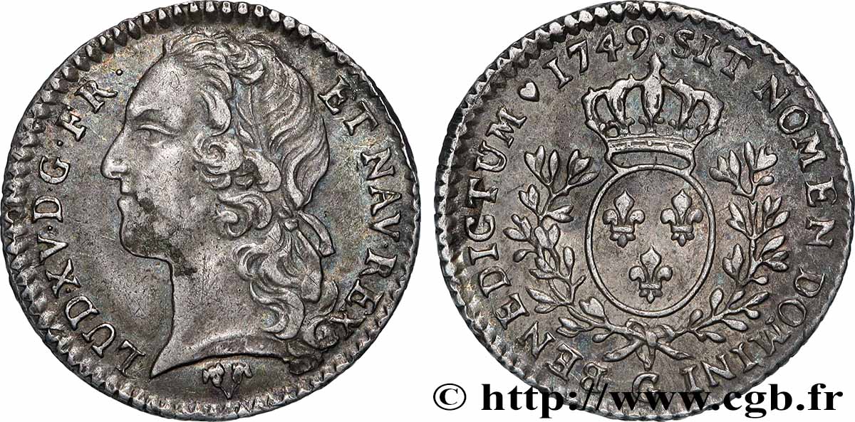 LOUIS XV DIT LE BIEN AIMÉ Dixième d&nbsp;écu aux branches d’olivier, tête ceinte d’un bandeau 1749 Poitiers TTB+