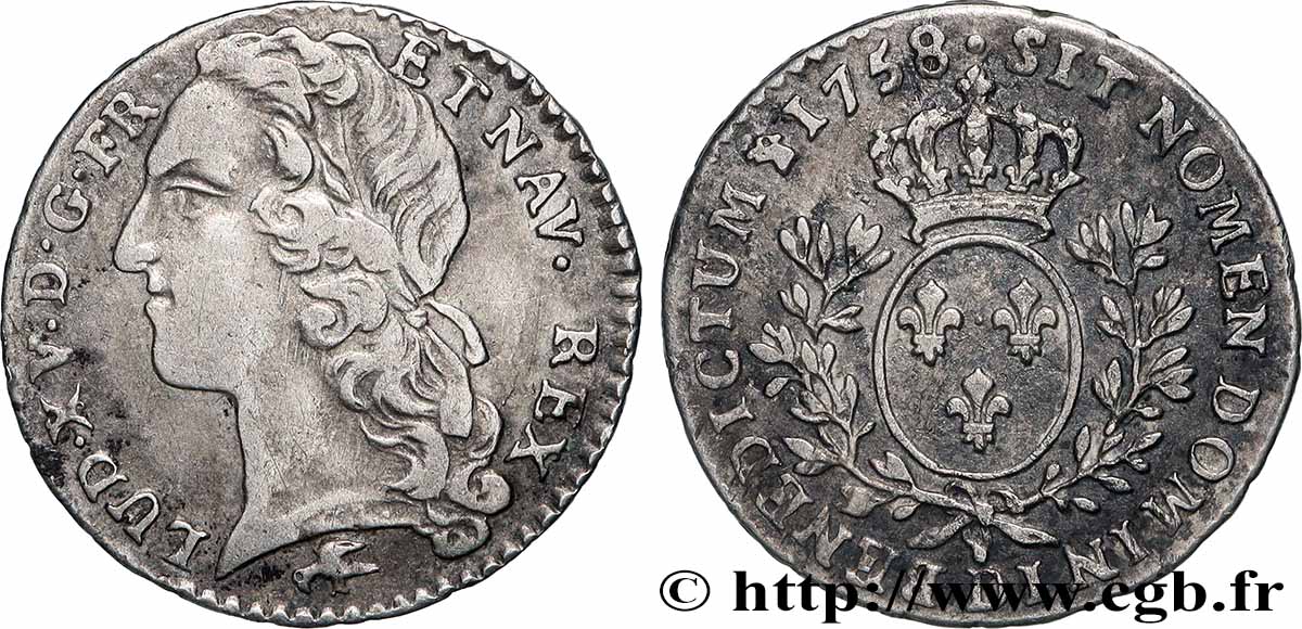 LOUIS XV DIT LE BIEN AIMÉ Dixième d&nbsp;écu aux branches d’olivier, tête ceinte d’un bandeau 1758 Lyon TTB/TTB+