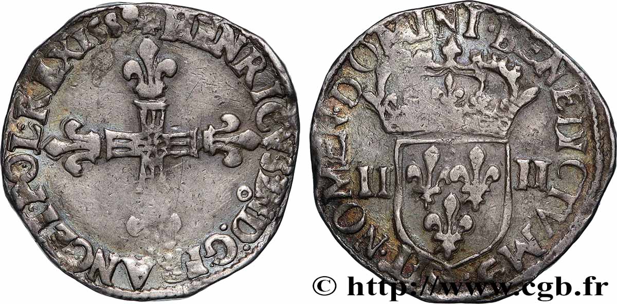 HENRI III Quart d&nbsp;écu, croix de face 1589 Rennes TTB