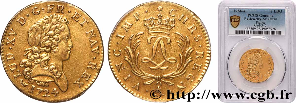 LOUIS XV DIT LE BIEN AIMÉ Double louis d’or aux deux L entrelacées et aux palmes 1724 Paris TTB+