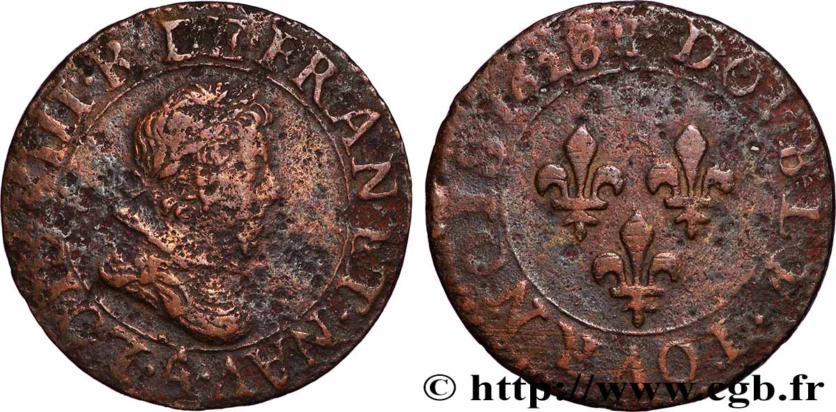 LOUIS XIII LE JUSTE Double tournois, type 5 de Paris 1628 Paris B+