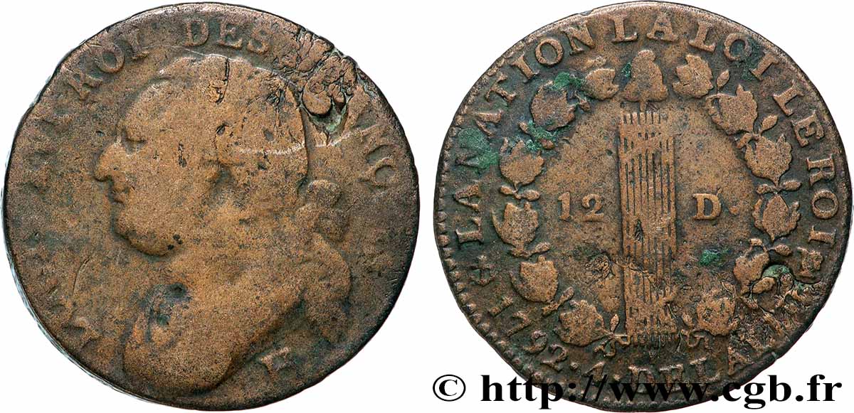 LOUIS XVI (MONARQUE CONSTITUTIONNEL)  12 deniers dit &nbsp;au faisceau&nbsp;, type FRANÇOIS 1792 La Rochelle B/TTB