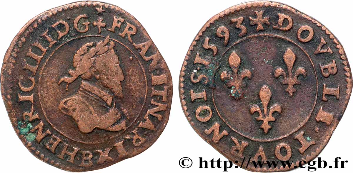 HENRY IV Double tournois, 2e type de Dieppe (légende latine) 1593 Dieppe VF