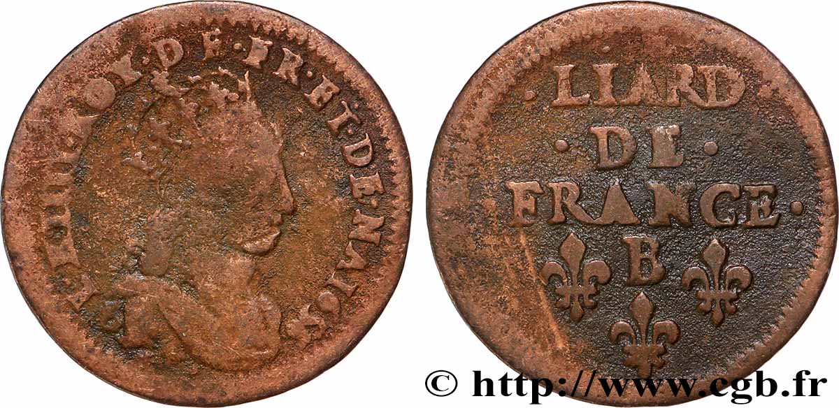 LOUIS XIV &nbsp;THE SUN KING&nbsp; Liard dit &nbsp;à la tête couronnée” 1656 Rouen VF/VF