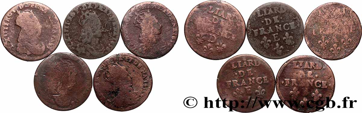 LOUIS XIV LE GRAND OU LE ROI SOLEIL Liard de cuivre “à la tête couronnée”, lot de 5 ex. n.d. Ateliers divers Lot